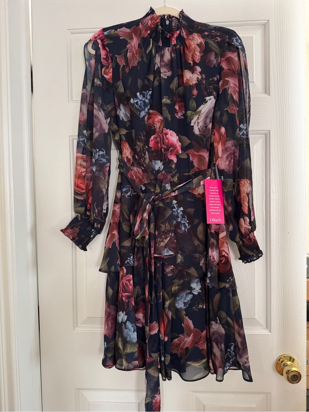 Dillards Floral Long-Sleeve Tie-Waist Dress - Navy Multi